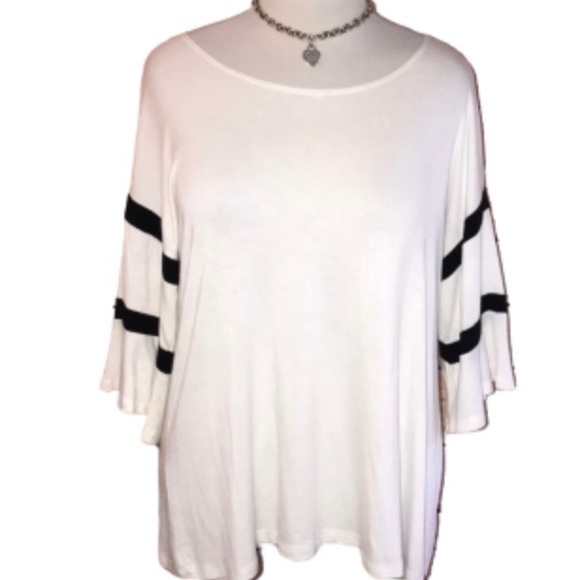 Bellino Clothing Tops - Bellino Ivory w/Black Stripes Bell Sleeve Top